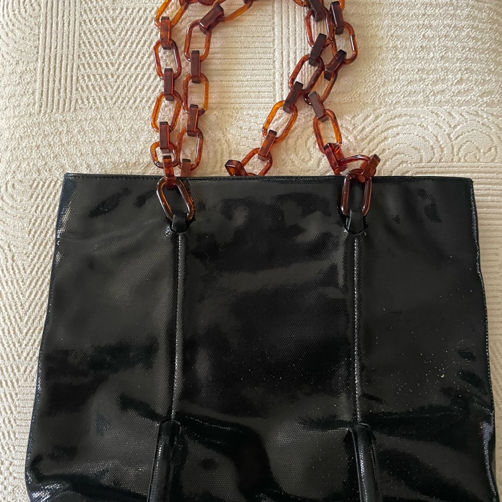 Elegant Alexa for Bloomingdale’s black Tote Bag with Brown lucite Handles